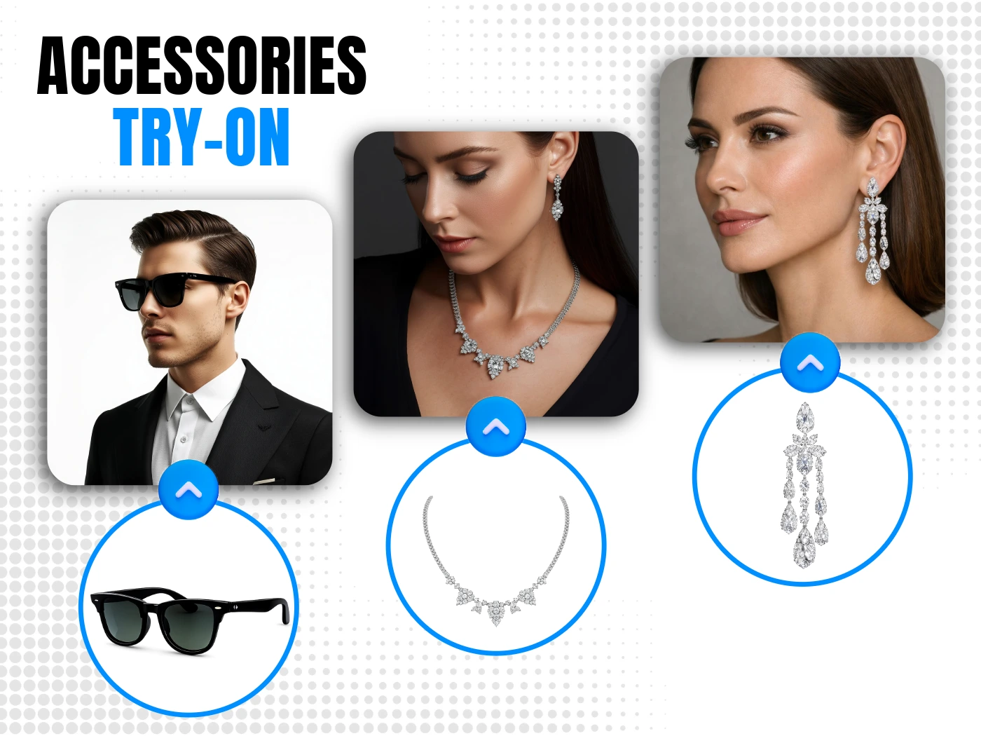 AI Accessories Try-On — sunglasses, earrings, necklaces, watches, and handbags overlayed on virtual models dynamically by AfterTaken